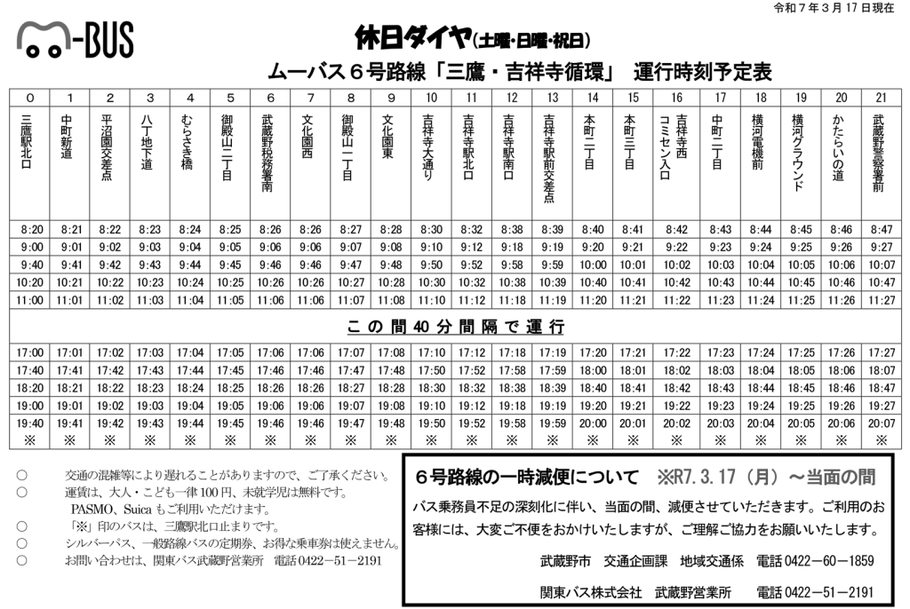 ムーバス変更後ダイヤ(休日)
