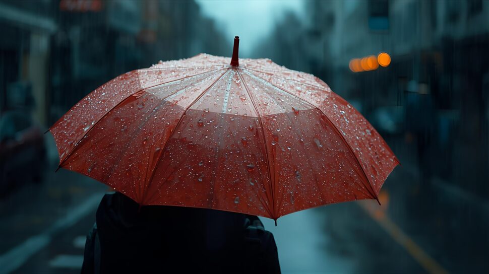 雨の中を赤い傘で歩く人の写真