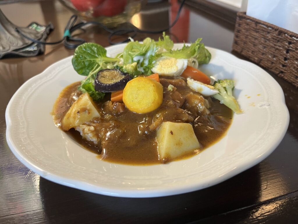 野菜が添えられた家庭的なカレーライスの写真。にんじんやじゃがいも、ゆで卵、ナスなどが盛り付けられている。